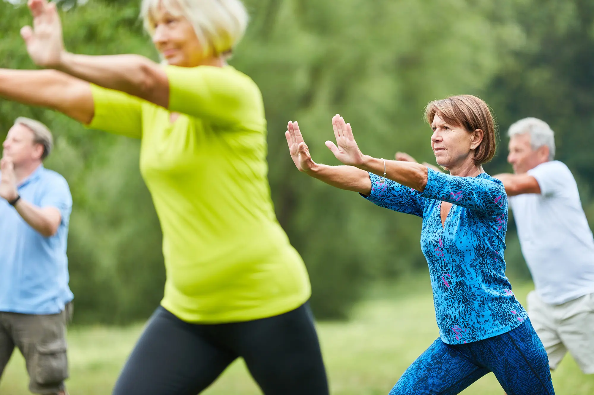 Adults practice Tai Chi.